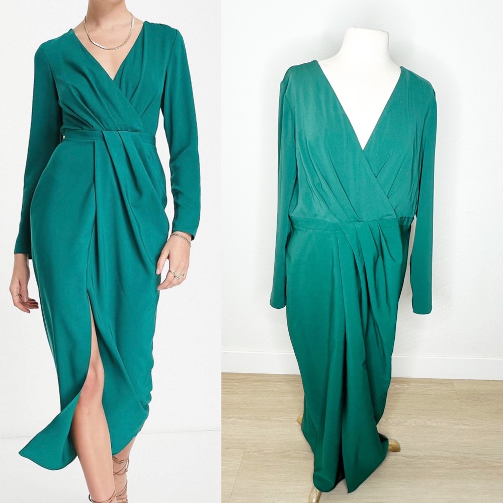 ASOS Design Long Sleeves Plunge Pleat Front Midi Dress in Dark Green NWT | 14
